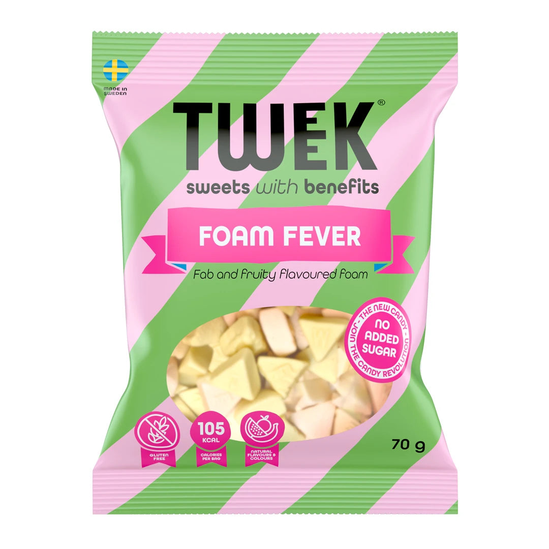Tweek Sweets 70 g skumgodteri i smaken Foam Fever, pakket i en rosa og grønnstripet pose.