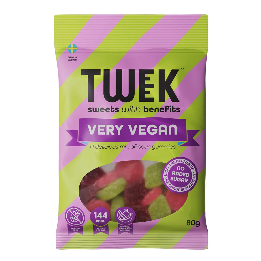 Tweek Sweets 80 g vegansk godteri i en grønn og rosa stripete pose med smaken Very Vegan., bilde 4 av 7