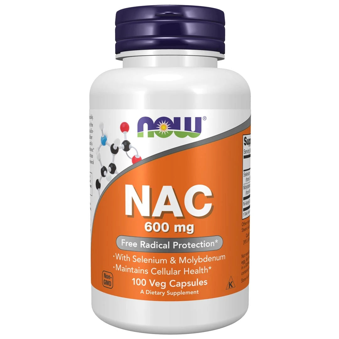 NOW NAC 600 mg 100 caps kosttilskudd i en hvit plastboks med oransje etikett og mørkeblått lokk.