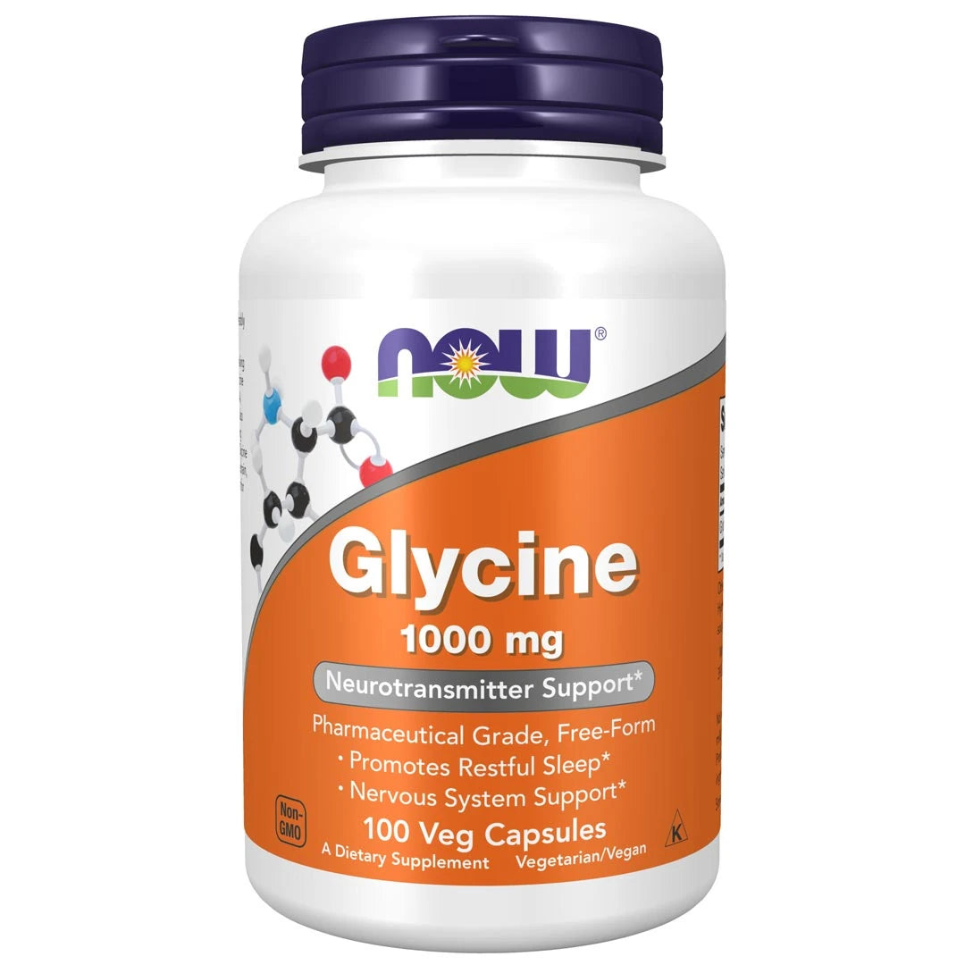 NOW Glycine 1000 mg 100 caps aminosyrer i en hvit boks med oransje etikett og mørkeblått lokk.