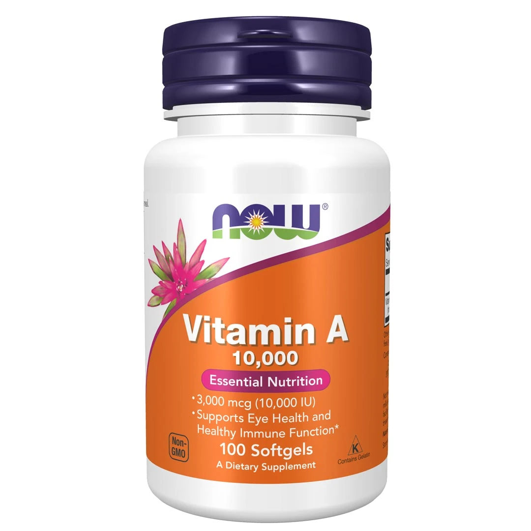 NOW A-vitamin 10.000IU 100 caps kosttilskudd i en hvit boks med mørkeblått lokk og oransje etikett.