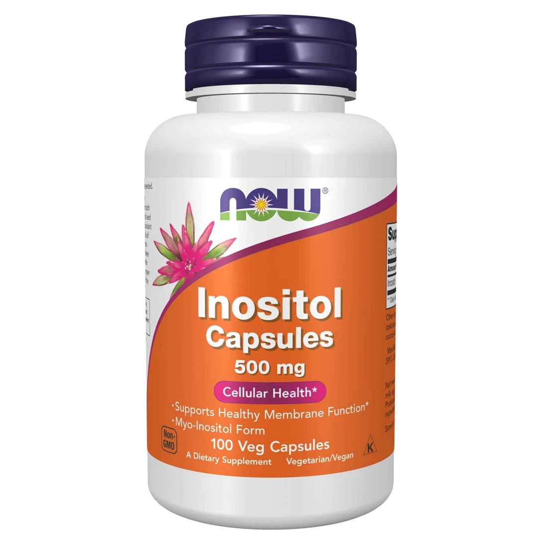 NOW Inositol 500 mg 100 caps i en hvit boks med oransje etikett og mørkelilla lokk.