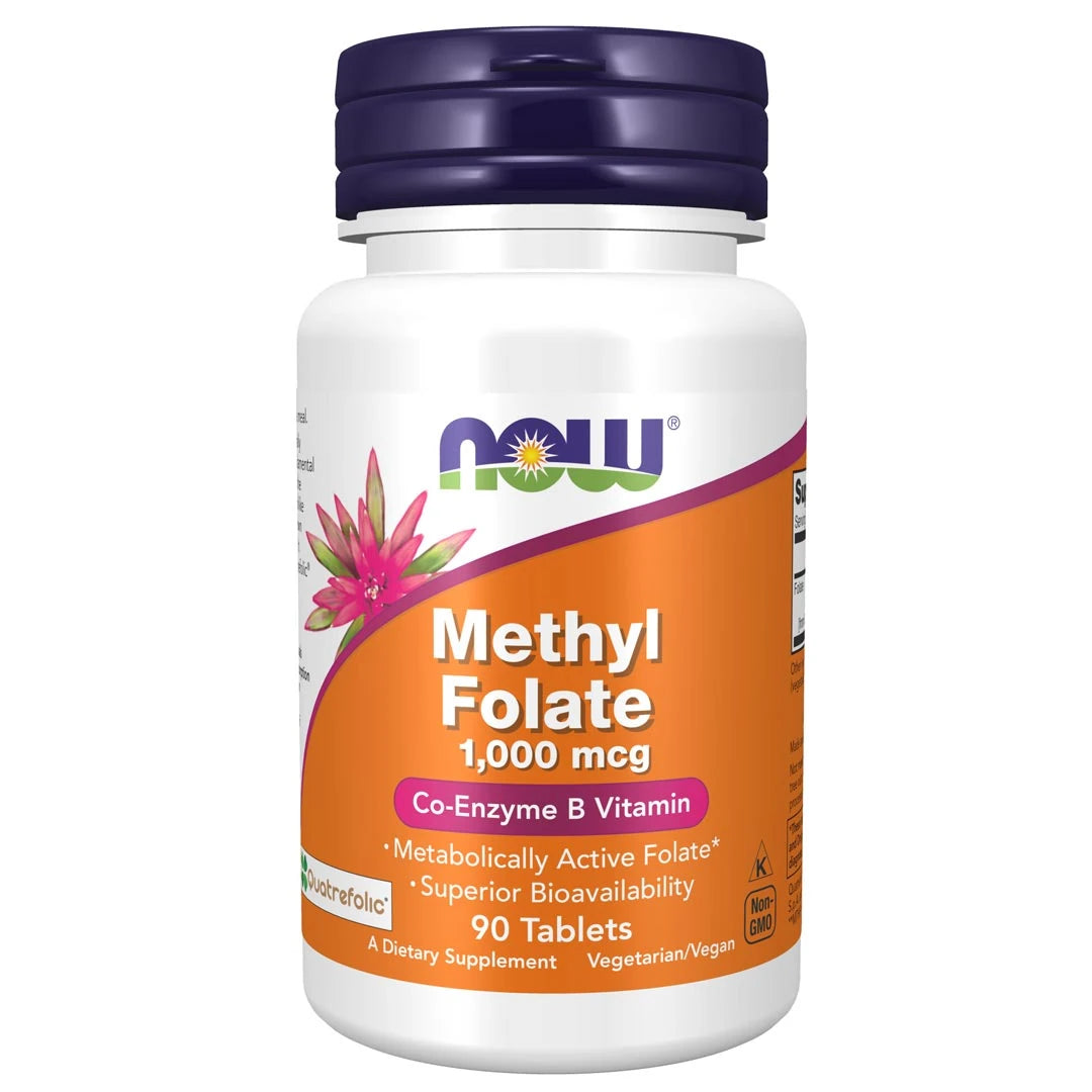 NOW Methylfolate 1000mcg 90 tabs folsyretilskudd i en hvit boks med oransje og lilla etikett og mørkelilla lokk.