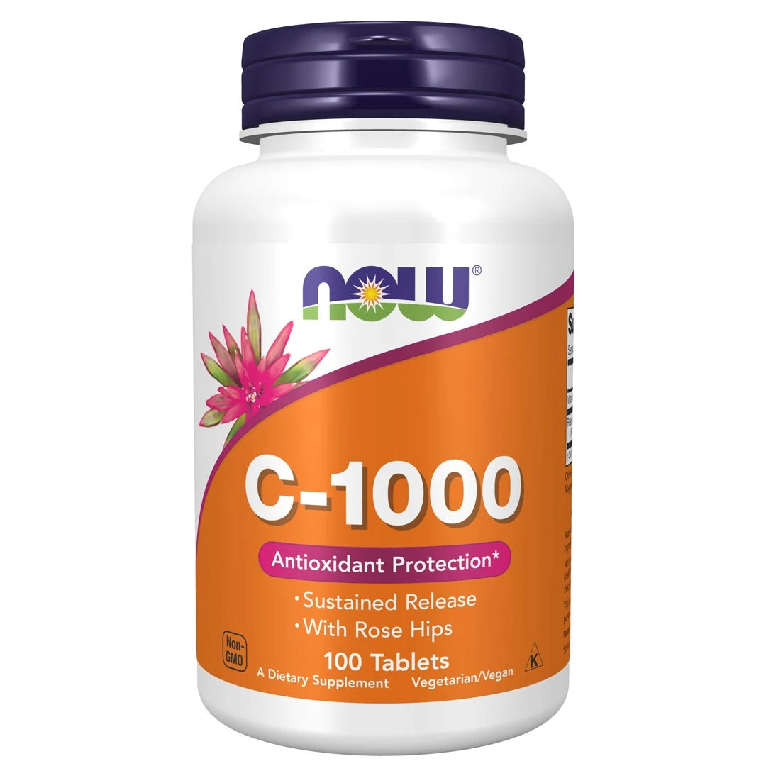 NOW Vitamin C-1000 Sustained Release 100 tabs kosttilskudd i en hvit boks med oransje etikett og et mørkeblått lokk.