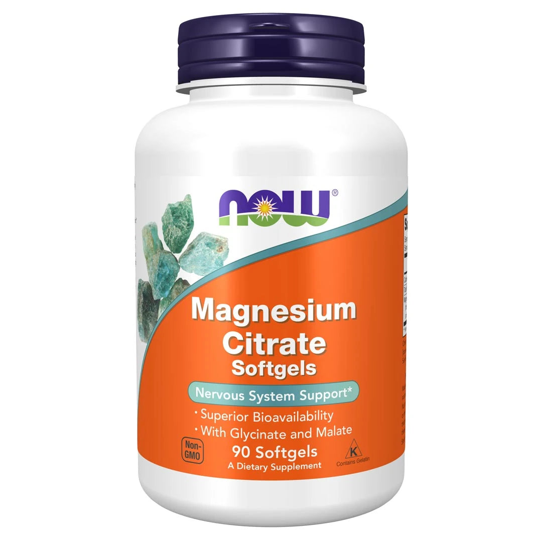 NOW Magnesium Citrate 134 mg 90 caps kosttilskudd i en hvit boks med oransje etikett og mørkeblått lokk.