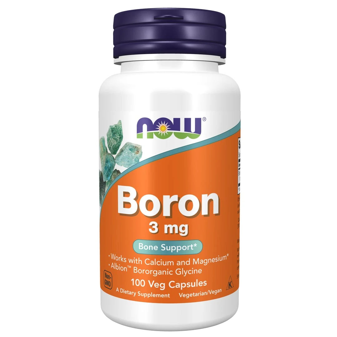 NOW Boron 3mg 100 caps kosttilskudd i en hvit boks med lilla lokk og oransje etikett.