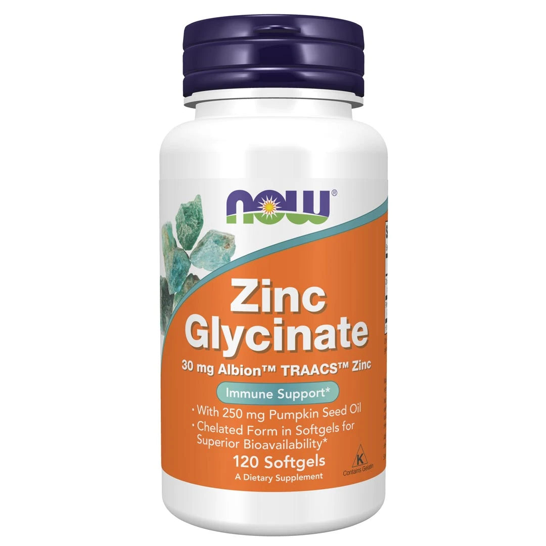 NOW Zinc Glycinate 30mg 120 caps, pakket i en hvit boks med lilla lokk og oransje etikett.