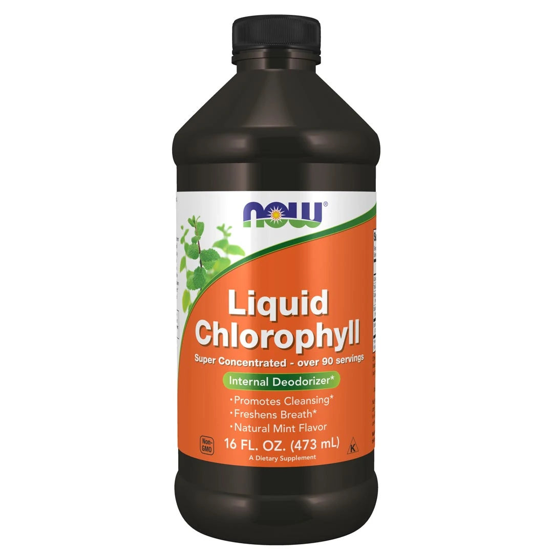 NOW Liquid Chlorophyll 473 ml flytende kosttilskudd i en mørk flaske med oransje og hvit etikett.