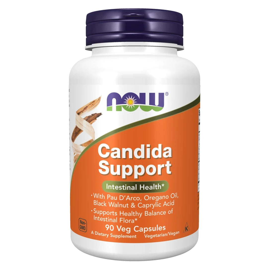 NOW Candida Support 90 caps i en hvit boks med oransje etikett og mørkelilla lokk.