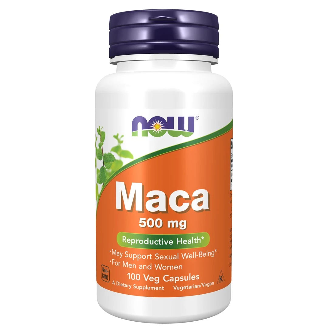 NOW MACA 500 mg 100 caps veganske kapsler i en hvit plastboks med oransje etikett og mørkeblått lokk.