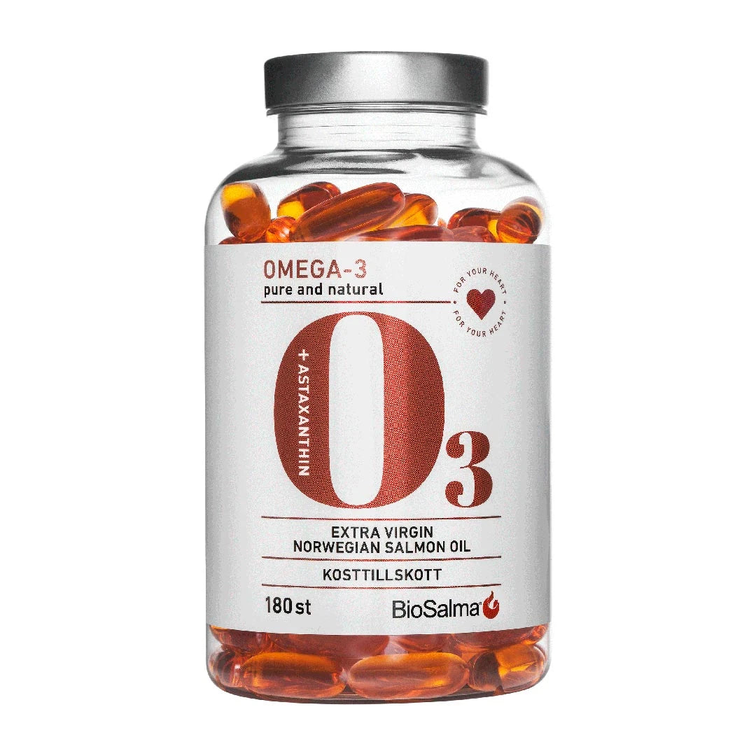 BioSalma Omega-3 Salmonoil 1000 mg 180 caps i en gjennomsiktig boks med hvit etikett og oransje lakseoljekapsler synlige.