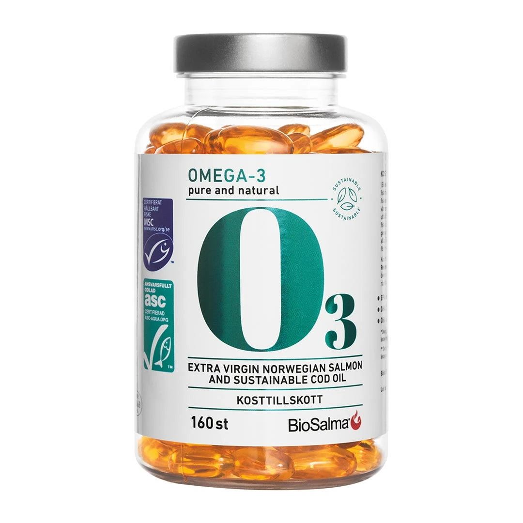 BioSalma Omega-3 Cod & Salmon oil 800 mg 160 caps i en transparent boks med sølvlokk, fylt med gylne kapsler.