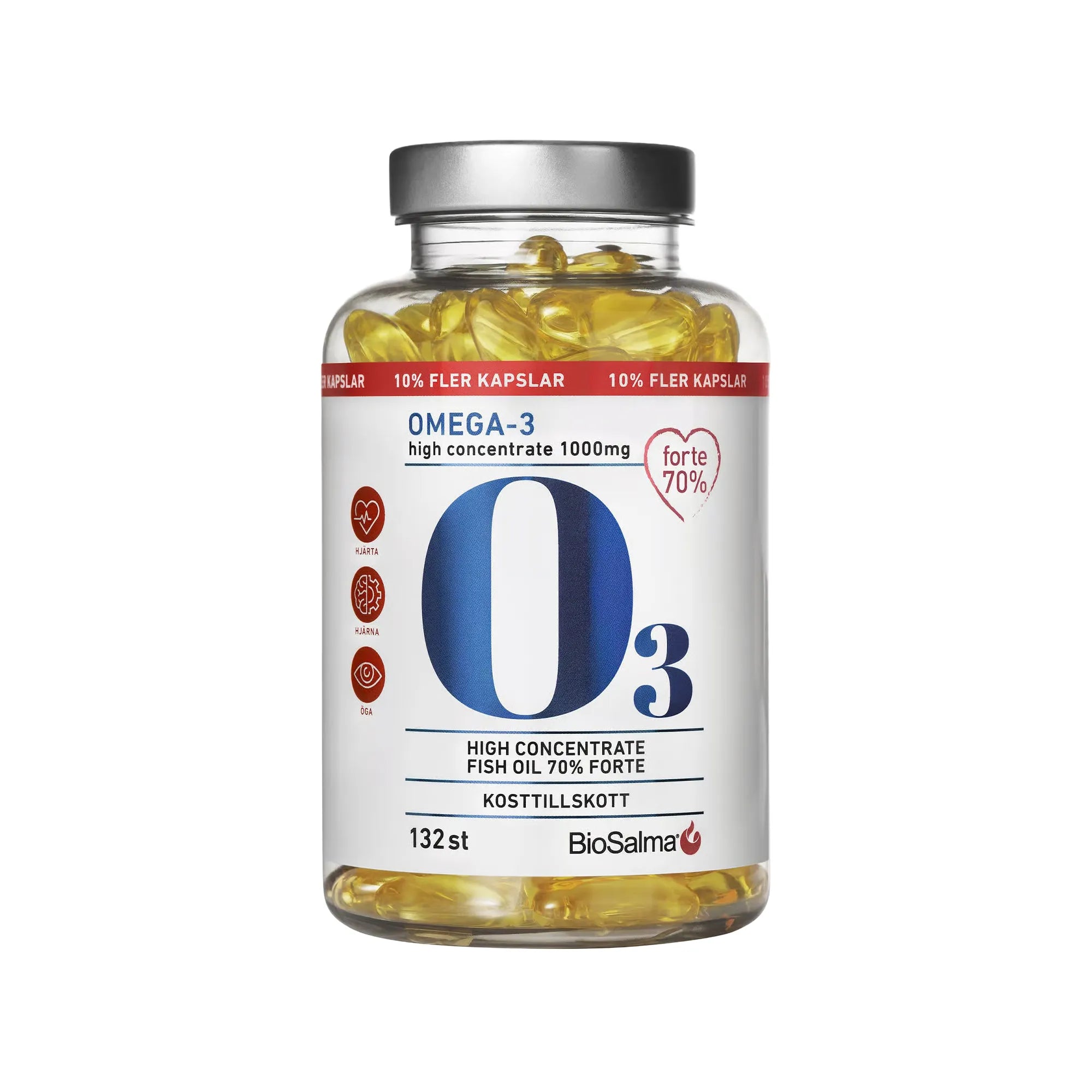 BioSalma Omega-3 Forte 70% 1000 mg 132 caps i en gjennomsiktig boks med sølvlokk og gullfargede kapsler.