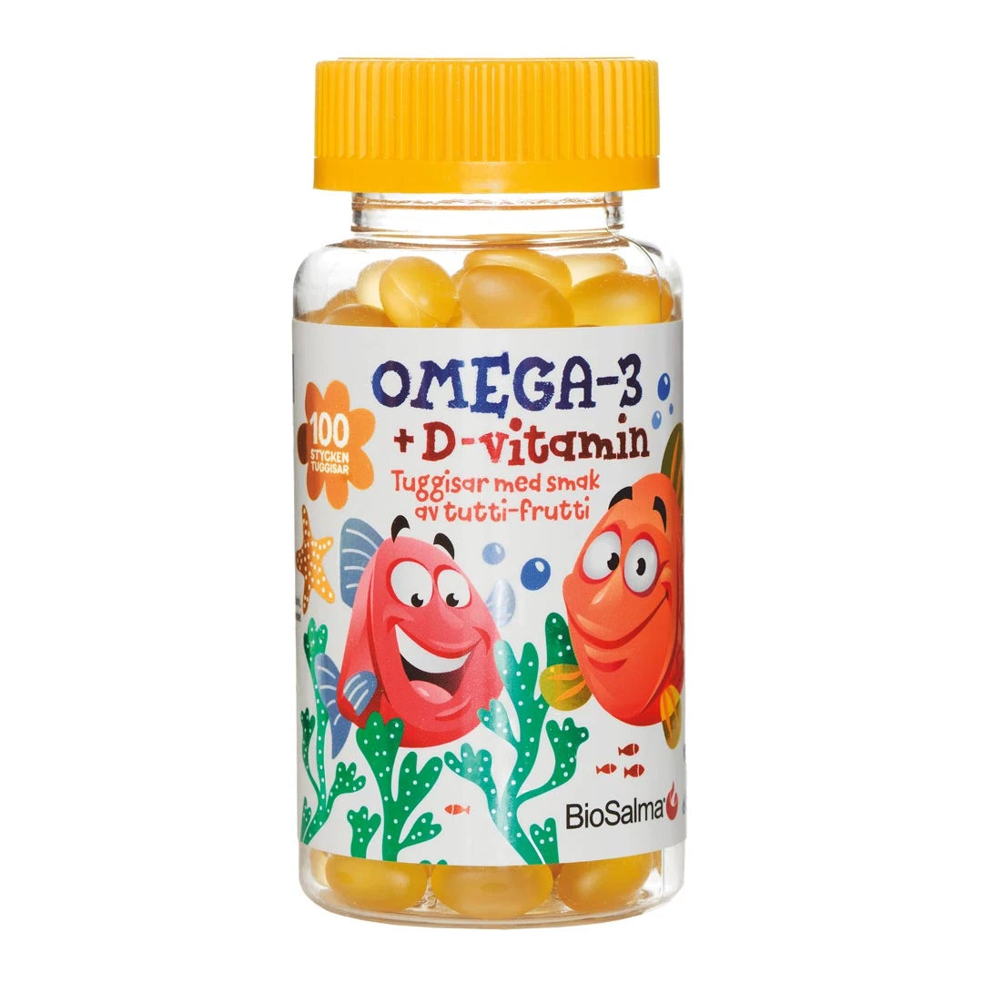 BioSalma Omega-3 100 pcs tyggetabletter for barn i en gjennomsiktig boks med gult lokk og fargerike fisker.