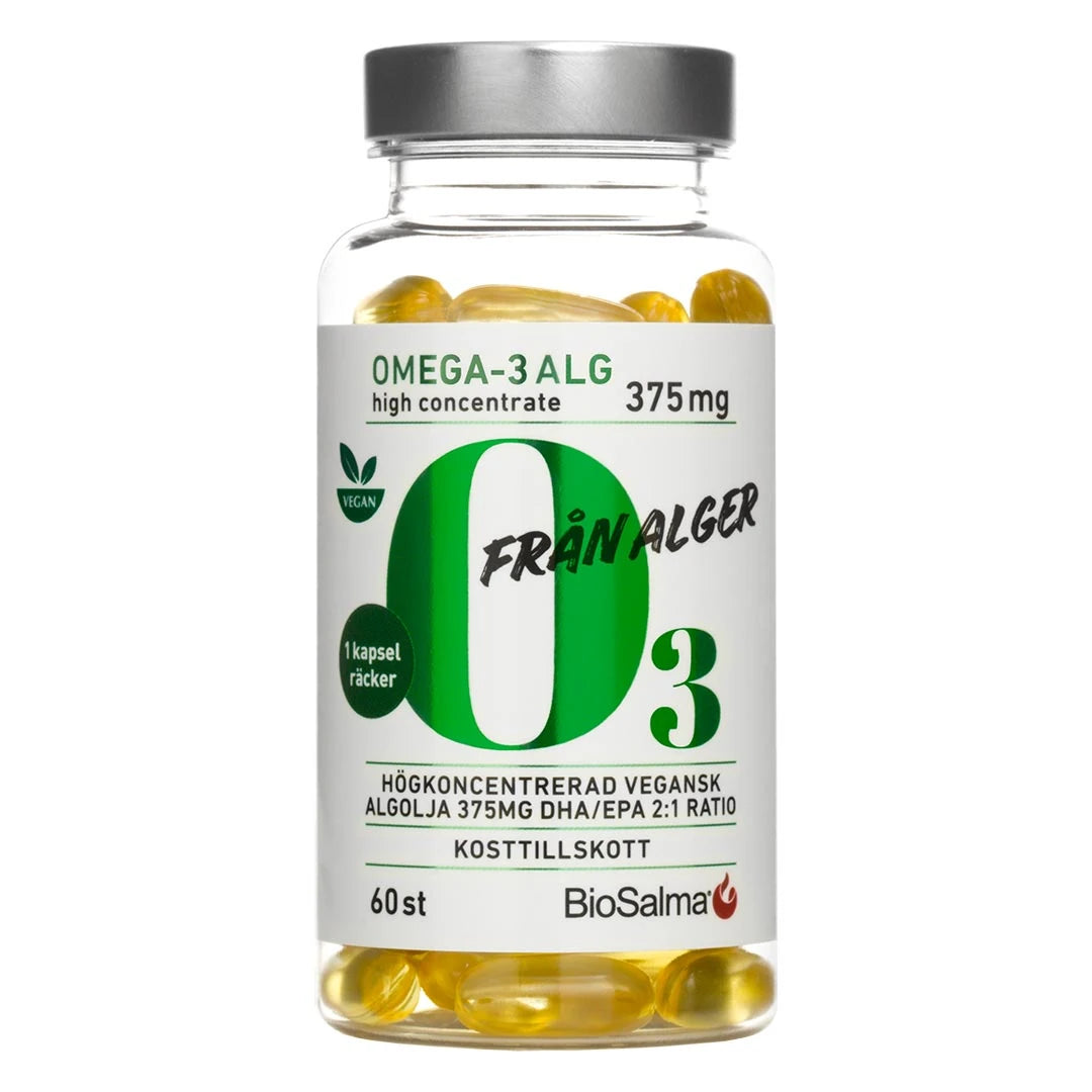 BioSalma Omega-3 Alg 375 mg 60 caps i en gjennomsiktig boks med hvit etikett, grønne detaljer og gylne kapsler.