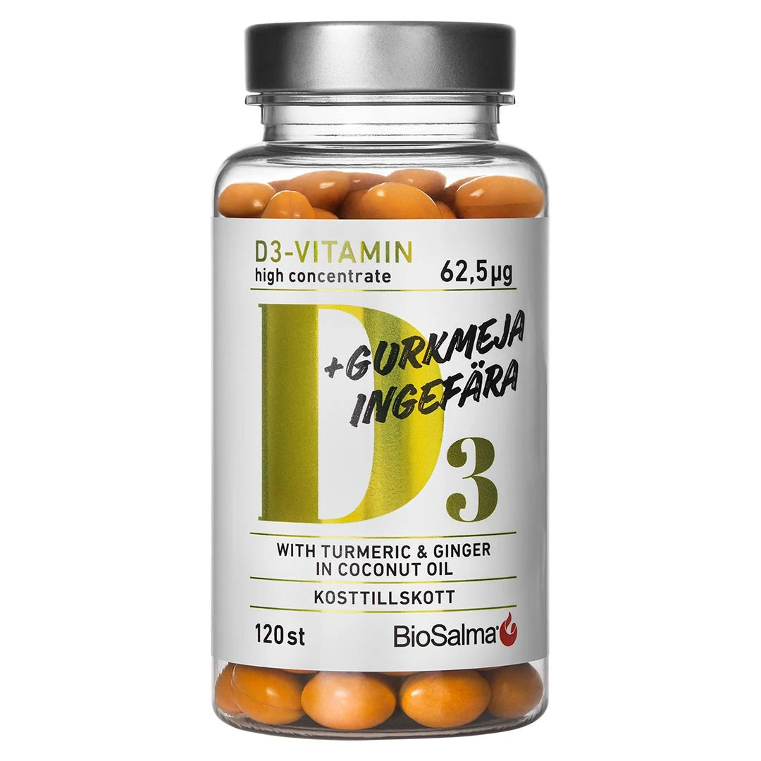 BioSalma D3 + Gurkmeja & Ingefära 120 caps, kosttilskudd i en gjennomsiktig boks med oransje kapsler.