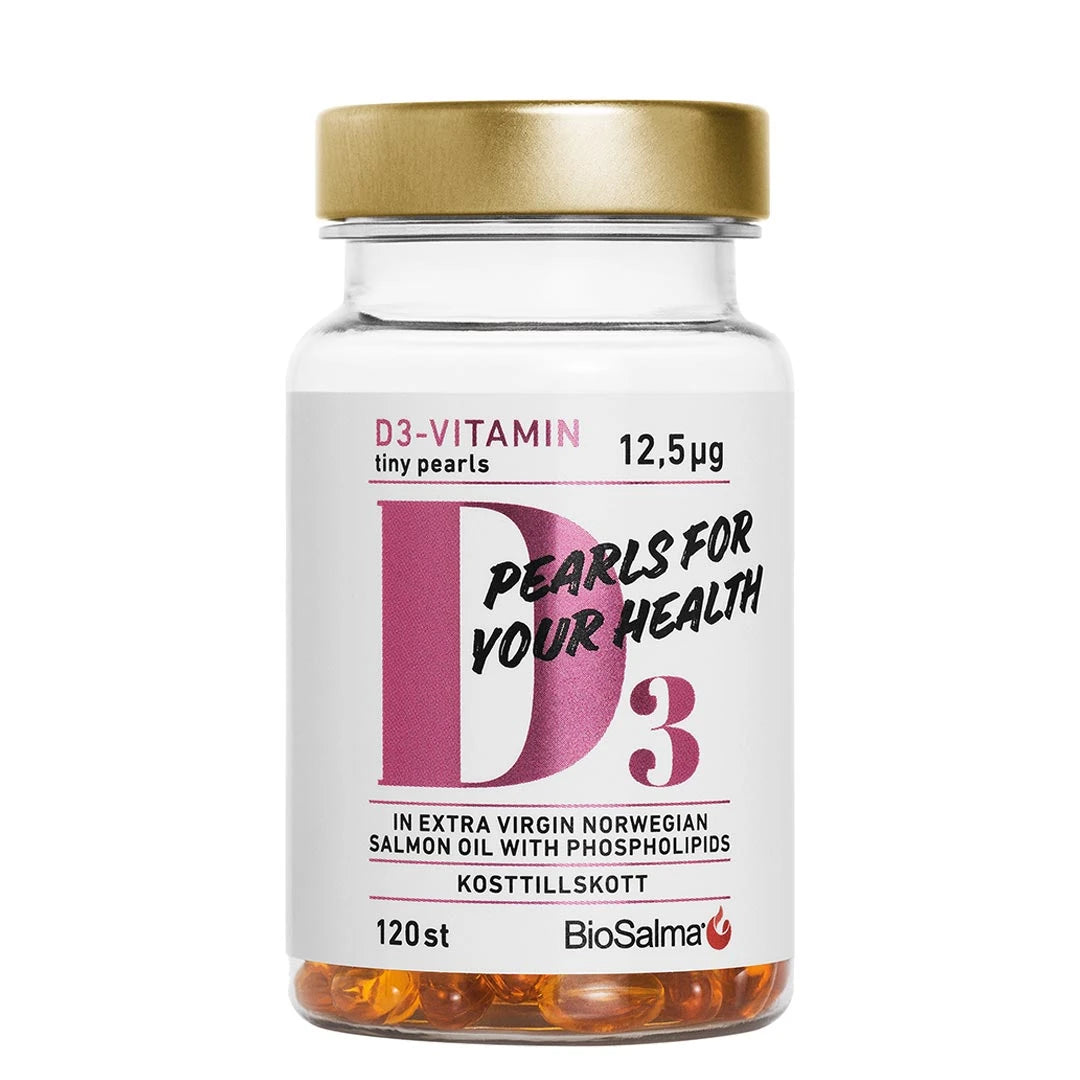 BioSalma D3-vitamin Tiny Pearls 12.5ug 120 caps i en gjennomsiktig boks med hvit og rosa etikett og gullfarget lokk.