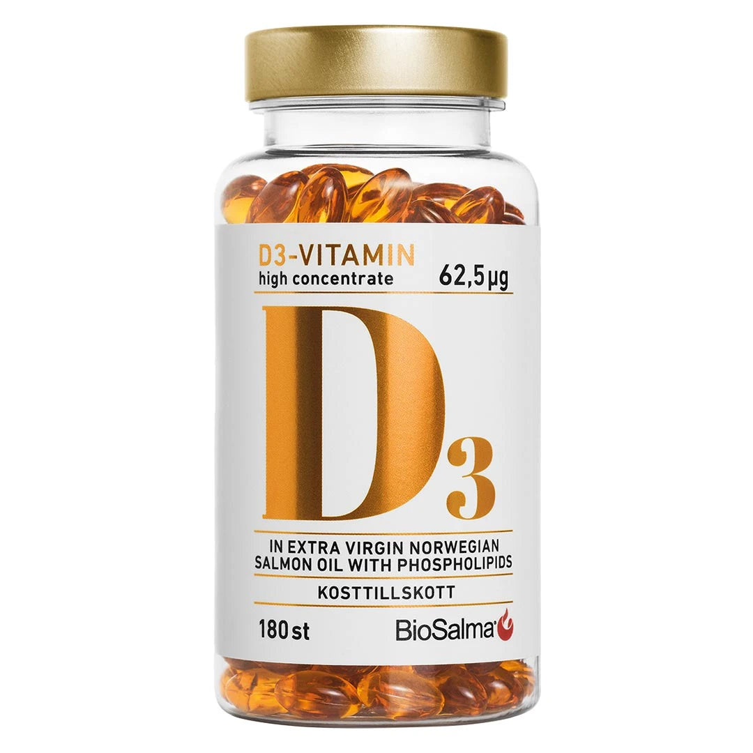 BioSalma D3-vitamin high concentrate 62.5 ug 180 caps i en klar boks med hvit etikett, gullkork og gylne kapsler.