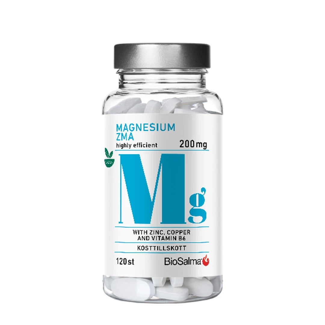 BioSalma Magnesium ZMA 200 mg 120 tabs i en gjennomsiktig plastboks med sølvlokk og hvit etikett med lyseblå detaljer.