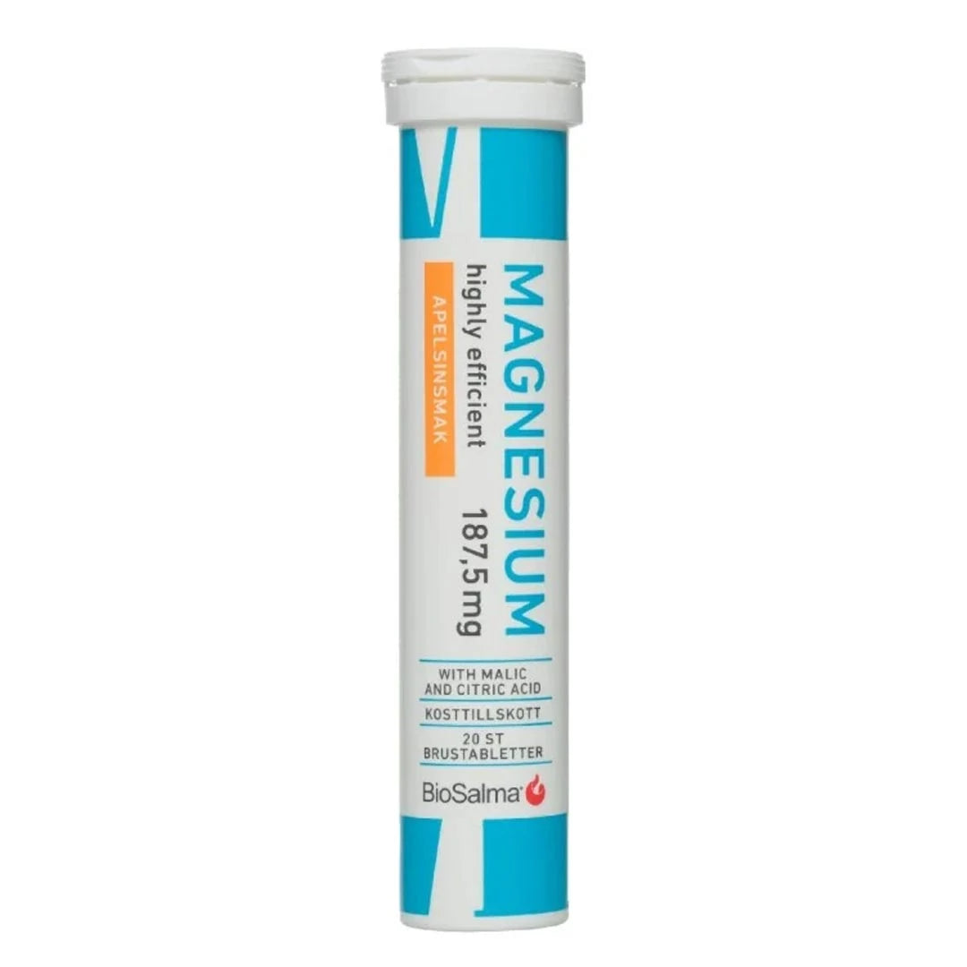 BioSalma Magnesium Brus 20 tabs, et hvitt rør med lyseblå detaljer for brusetabletter med appelsinsmak.
