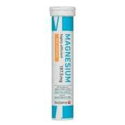 BioSalma Magnesium Brus 20 tabs, ett vitt rör med ljusblå detaljer för brustabletter med apelsinsmak.