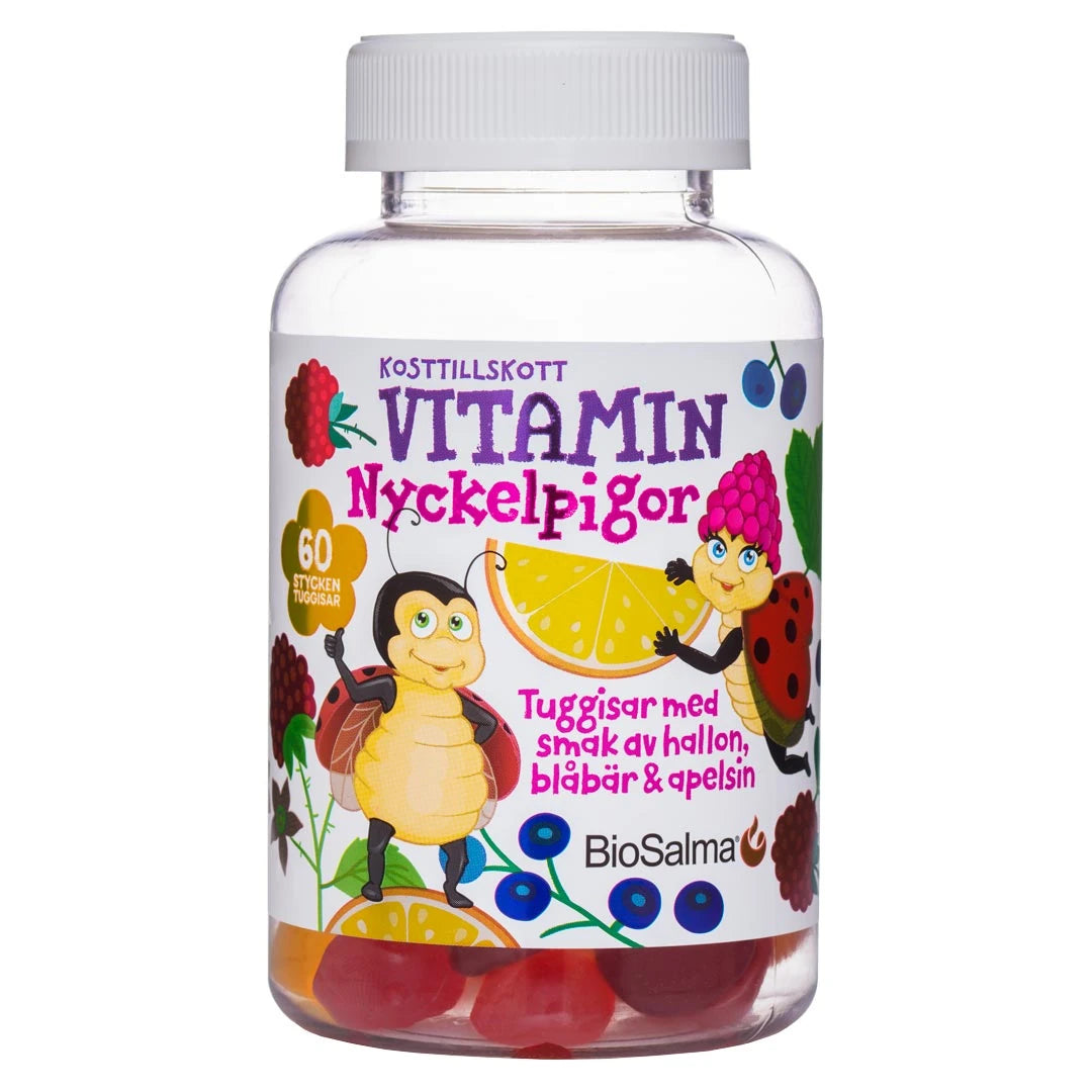 BioSalma Multivitamin Nyckelpiga Barn 60 pcs i en gjennomsiktig plastboks med fargerik etikett med insekter og bær.
