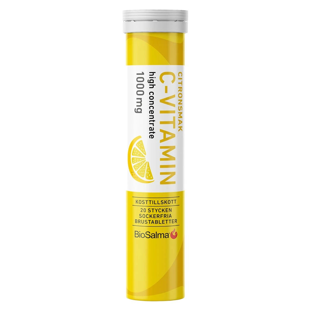 BioSalma C-vitamin Brus 20 pcs i et gult rør med sitronsmak og teksten high concentrate 1000 mg.