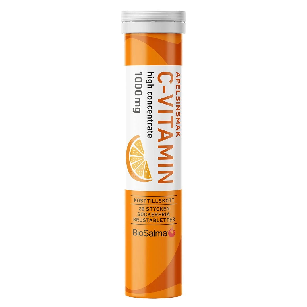 BioSalma C-vitamin Brus 20 stk brusetabletter i et oransje og hvitt rør med appelsinsmak.