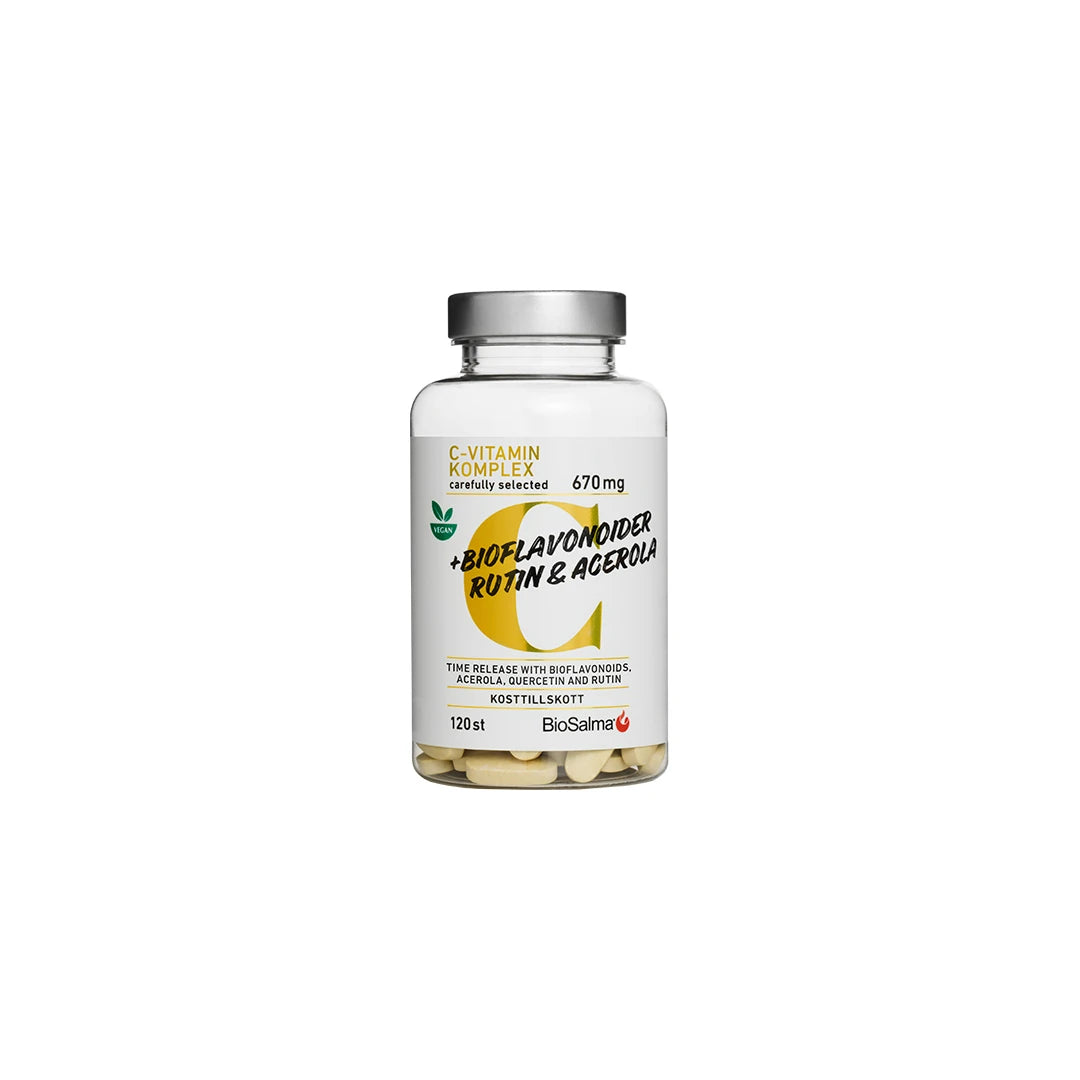 BioSalma C-vitaminkomplex + Bioflavonider 120 tabs i en gjennomsiktig boks med hvit etikett og gule detaljer.