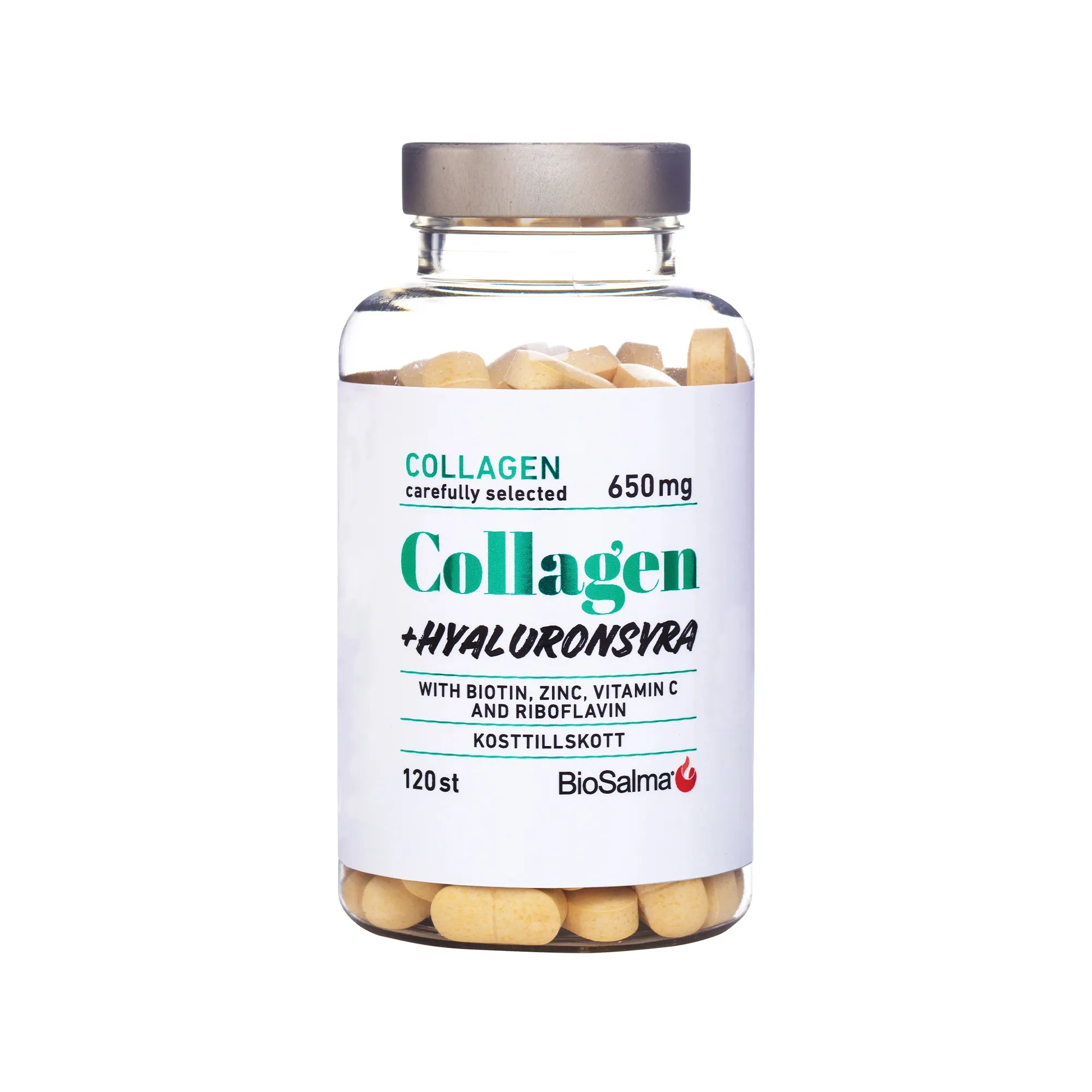 BioSalma Collagen + Hyaluronsyre 120 tabs i en transparent boks med hvit etikett og grønne detaljer.