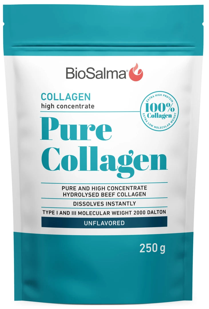 BioSalma Pure Collagen 250 g naturelt kollagenpulver i en hvit pose med turkise detaljer.