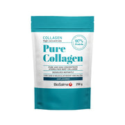 BioSalma Pure Collagen 250 g naturellt kollagenpulver i en vit påse med turkosa detaljer.