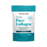 BioSalma Pure Collagen 500 g kollagenpulver i en hvit pose med turkise detaljer og nøytral smak.