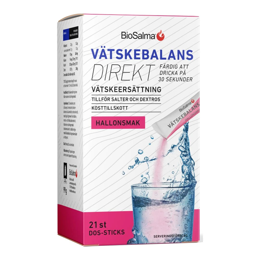 BioSalma Vätskebalans Direkt 21 pcs væskeerstatning i en hvit og rosa eske med bringebærsmak.