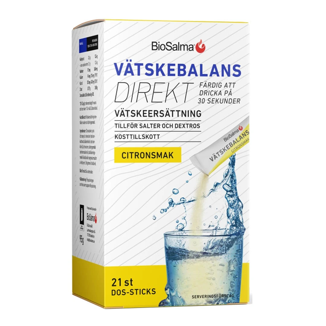 BioSalma Vätskebalans Direkt 21 pcs væskeerstatning, hvit og gul kartong med sitronsmak og et glass vann.