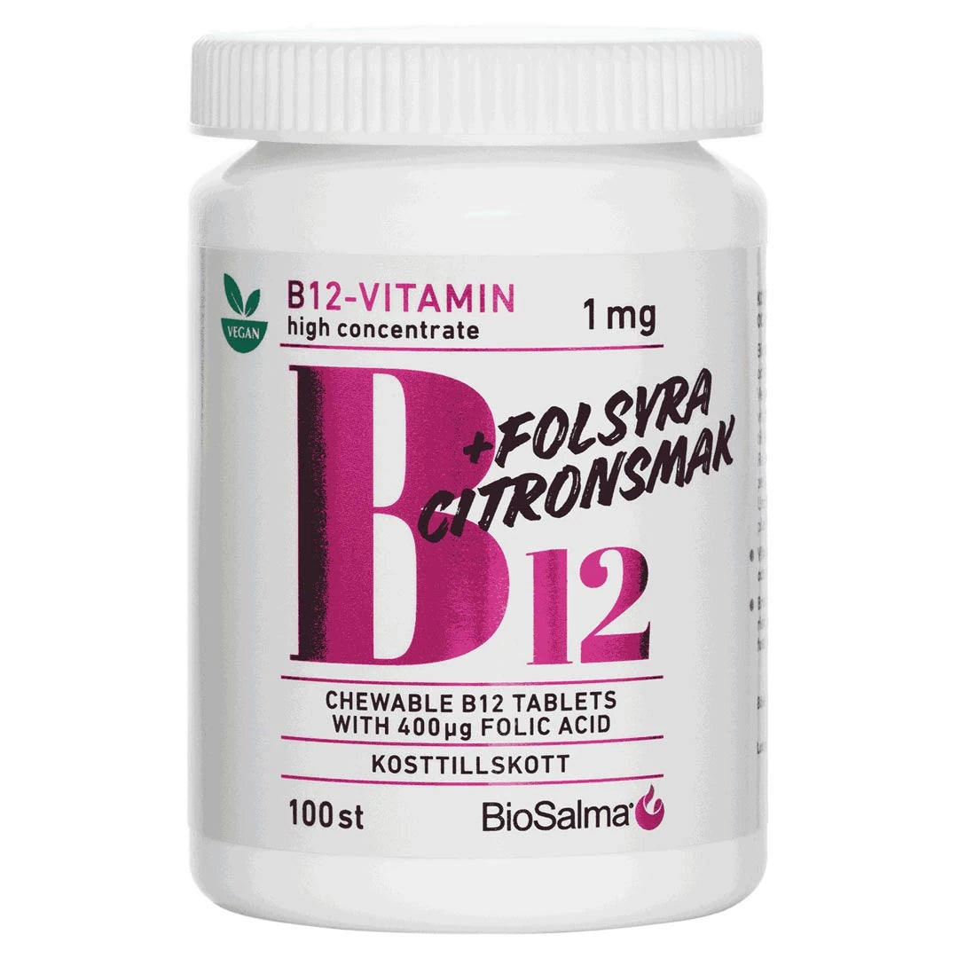 BioSalma B12 Vitamin + Folsyra 100 pcs tyggetabletter med sitronsmak i en hvit boks med stor rosa tekst.