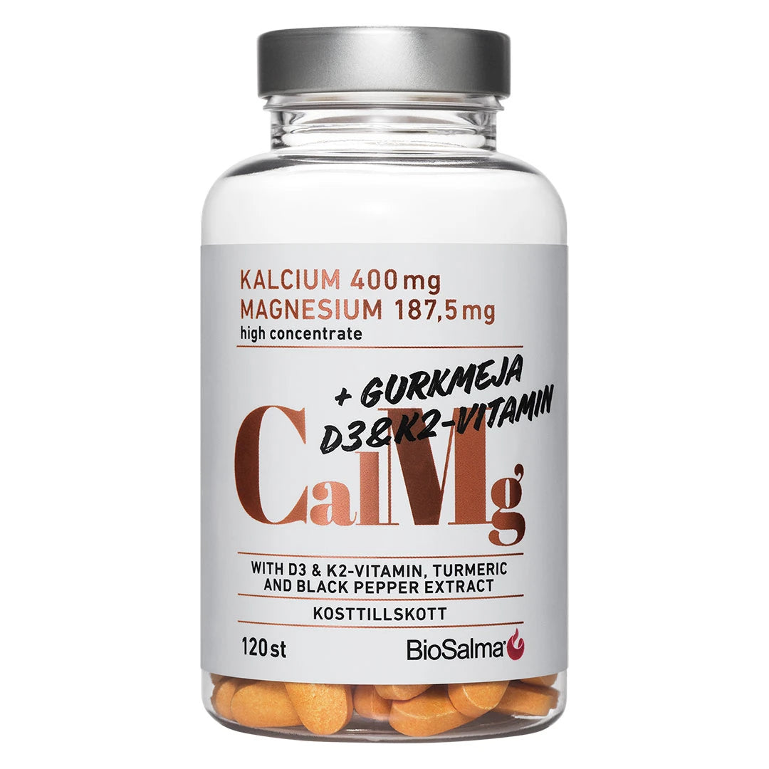 BioSalma Kalcium+ Magnesium 120 tabs i en gjennomsiktig boks med svart lokk og hvit etikett med kobberdetaljer.