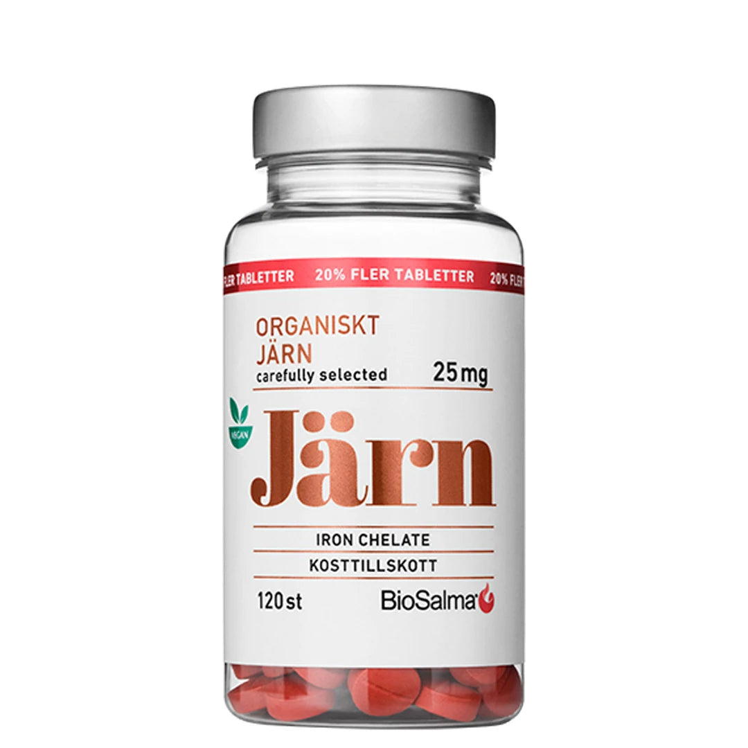BioSalma Organisk Jern 25 mg 120 tabs i en transparent boks med sølvlokk og synlige røde tabletter.