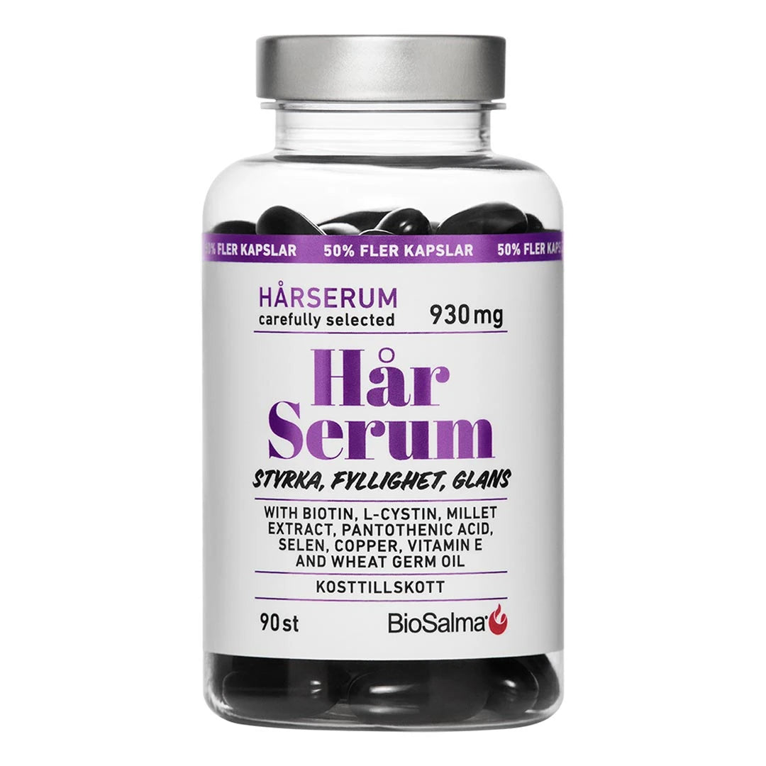 BioSalma HårSerum 90 caps kosttilskudd i en gjennomsiktig boks med hvit etikett, lilla tekst og sølvfarget lokk.