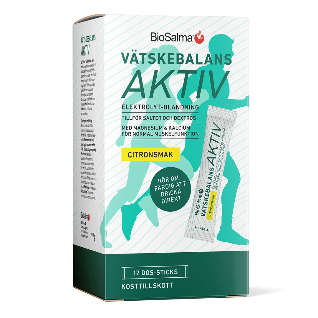 BioSalma Vätskebalans Aktiv 12 pcs væskeerstatning med sitronsmak, pakket i en hvit og grønn pappeske.