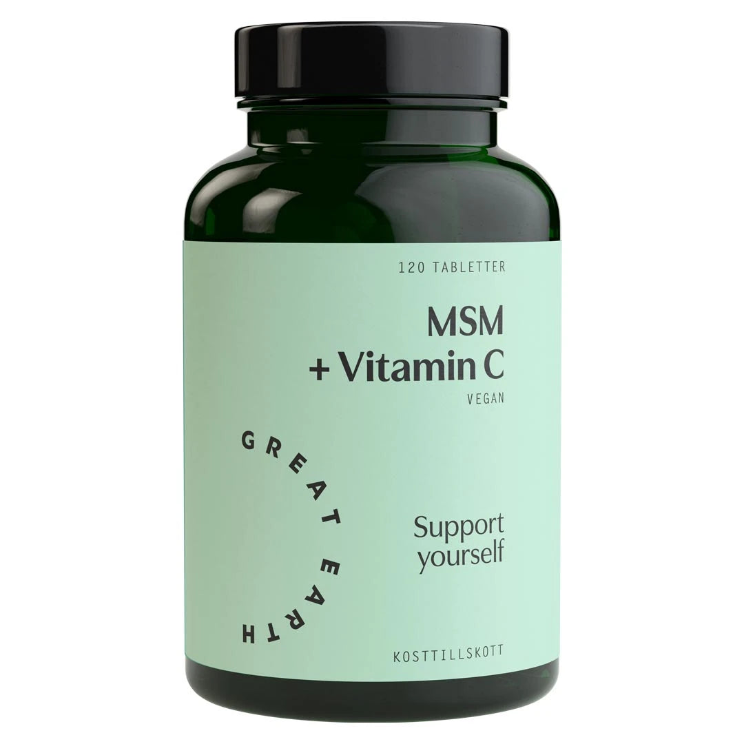 Great Earth MSM + Vitamin C 120 tab i en mørkegrønn boks med svart lokk og lysegrønn etikett.