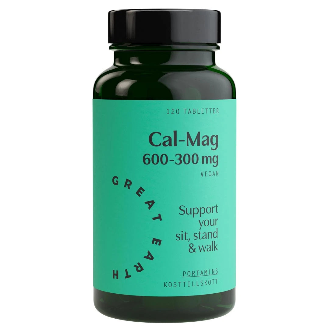 Great Earth Cal-Mag 600-300 mg 120 tab, veganske mineraler i en mørkegrønn boks med turkis etikett.