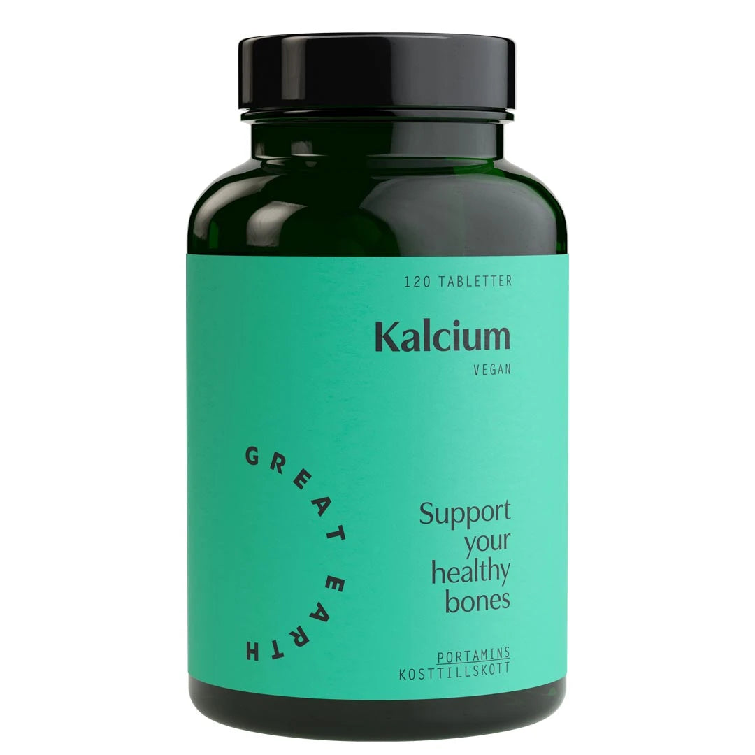 Great Earth Kalcium 120 tabs veganske kalsiumtabletter i en mørkegrønn boks med turkis etikett.