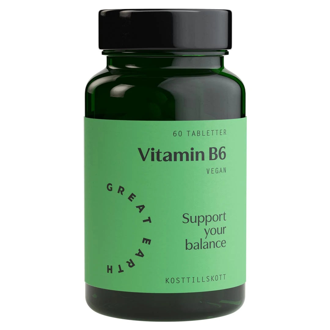 Great Earth Vitamin B6 60 tabs kosttilskudd i en mørkegrønn boks med lysegrønn etikett og svart lokk.