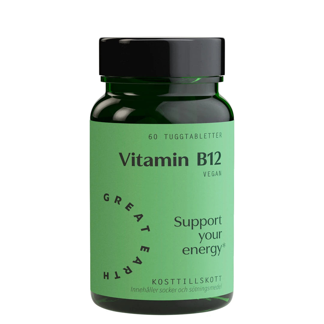 Great Earth Vitamin B12 60 tyggetabletter pakket i en grønn boks med svart lokk.