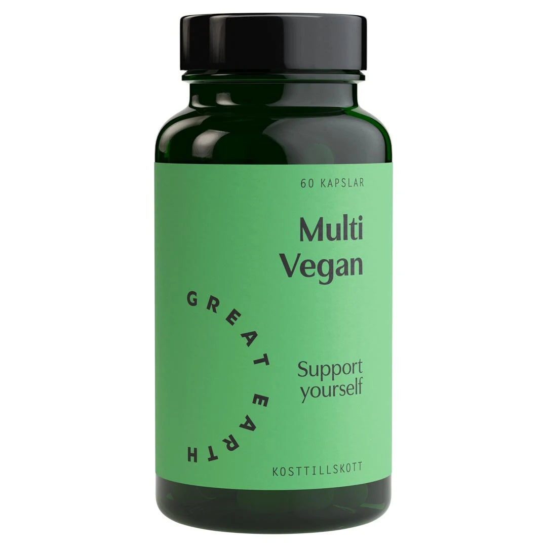Great Earth Multi Vegan 60 caps, vegansk multivitamin i en mørkegrønn boks med lysegrønn etikett.