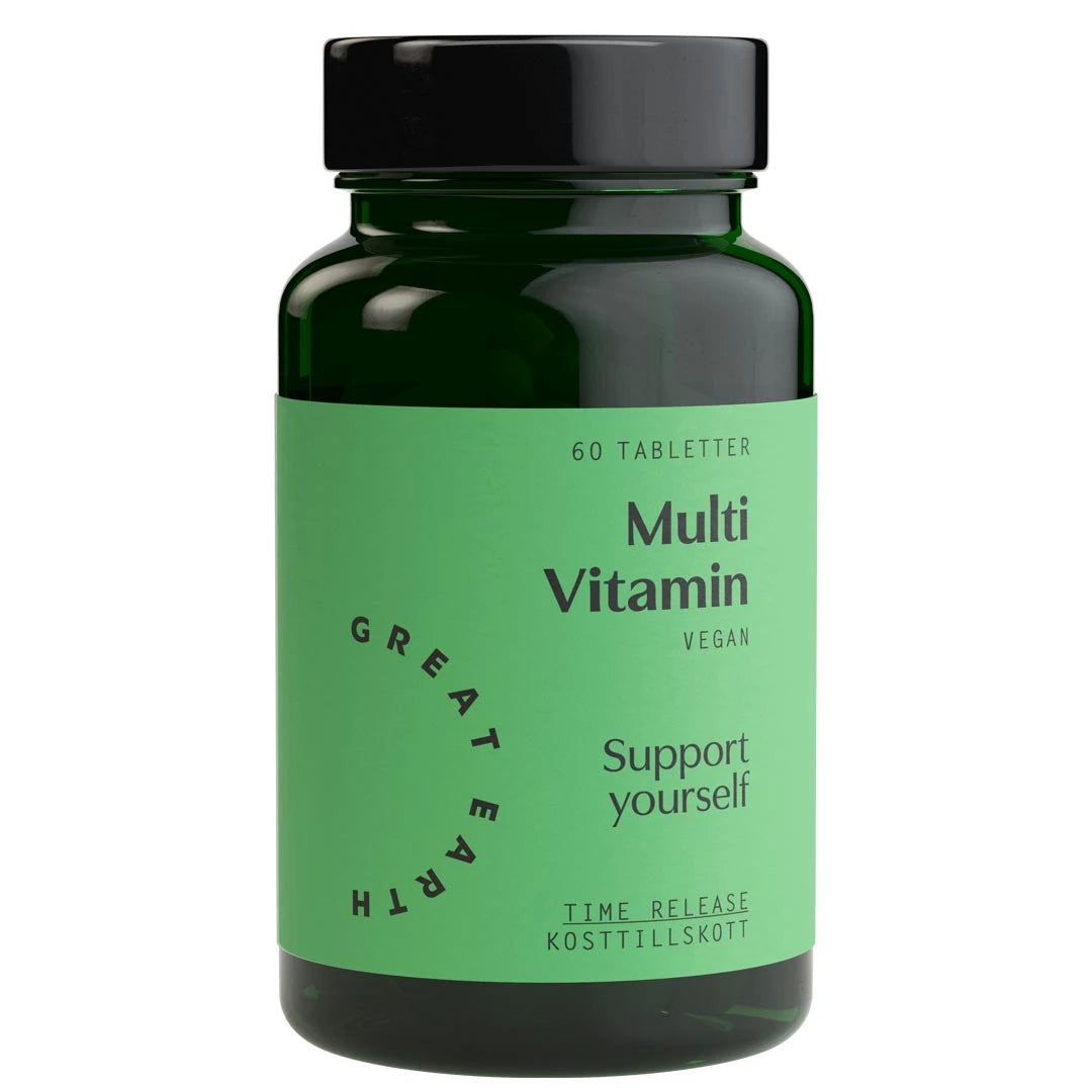 Great Earth Multi Vitamin 60 tabs i en mørkegrønn boks med svart lokk og lysegrønn etikett.