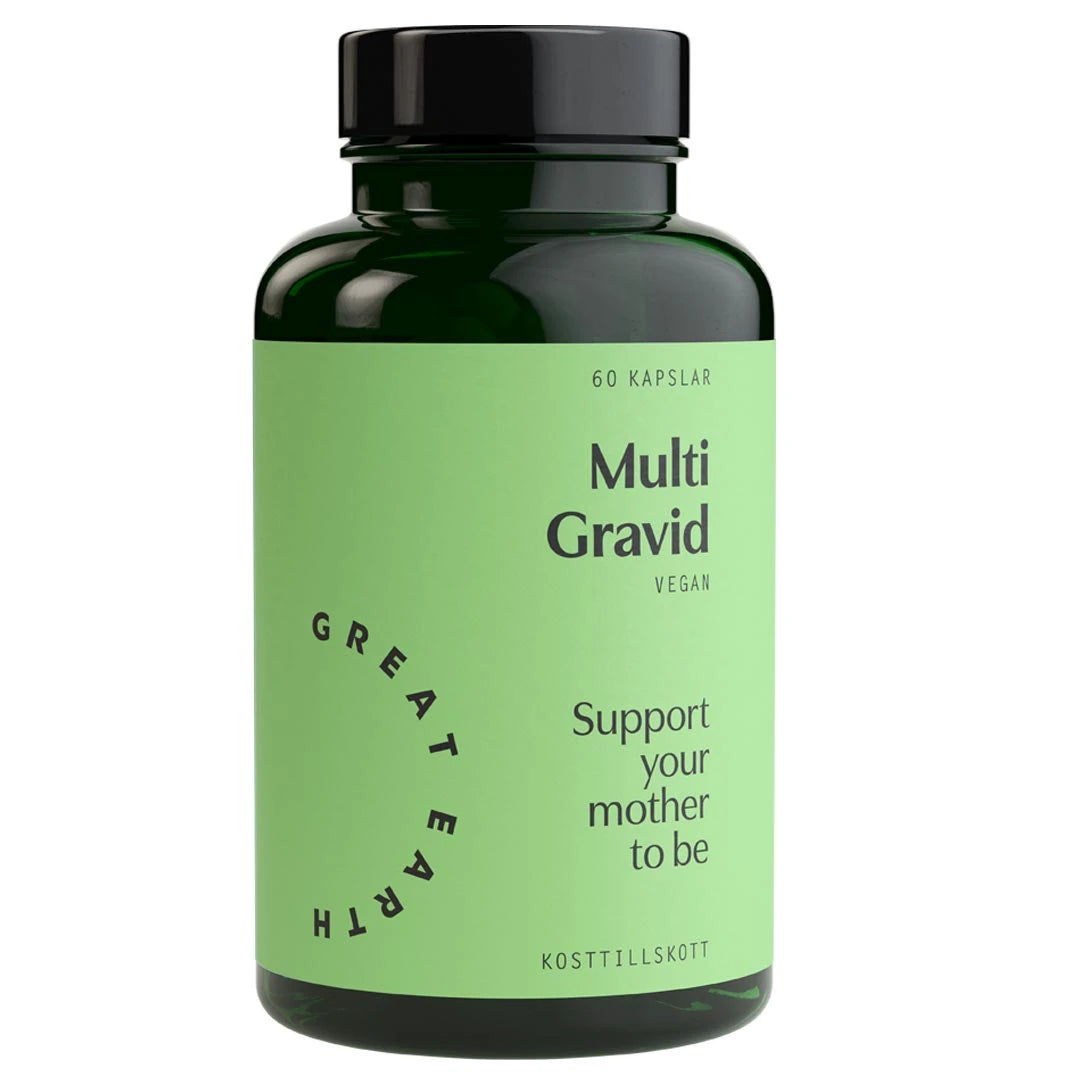Great Earth Multi Gravid 60 kap i en mørkegrønn boks med lysegrønn etikett, et vegansk multivitamin for gravide.
