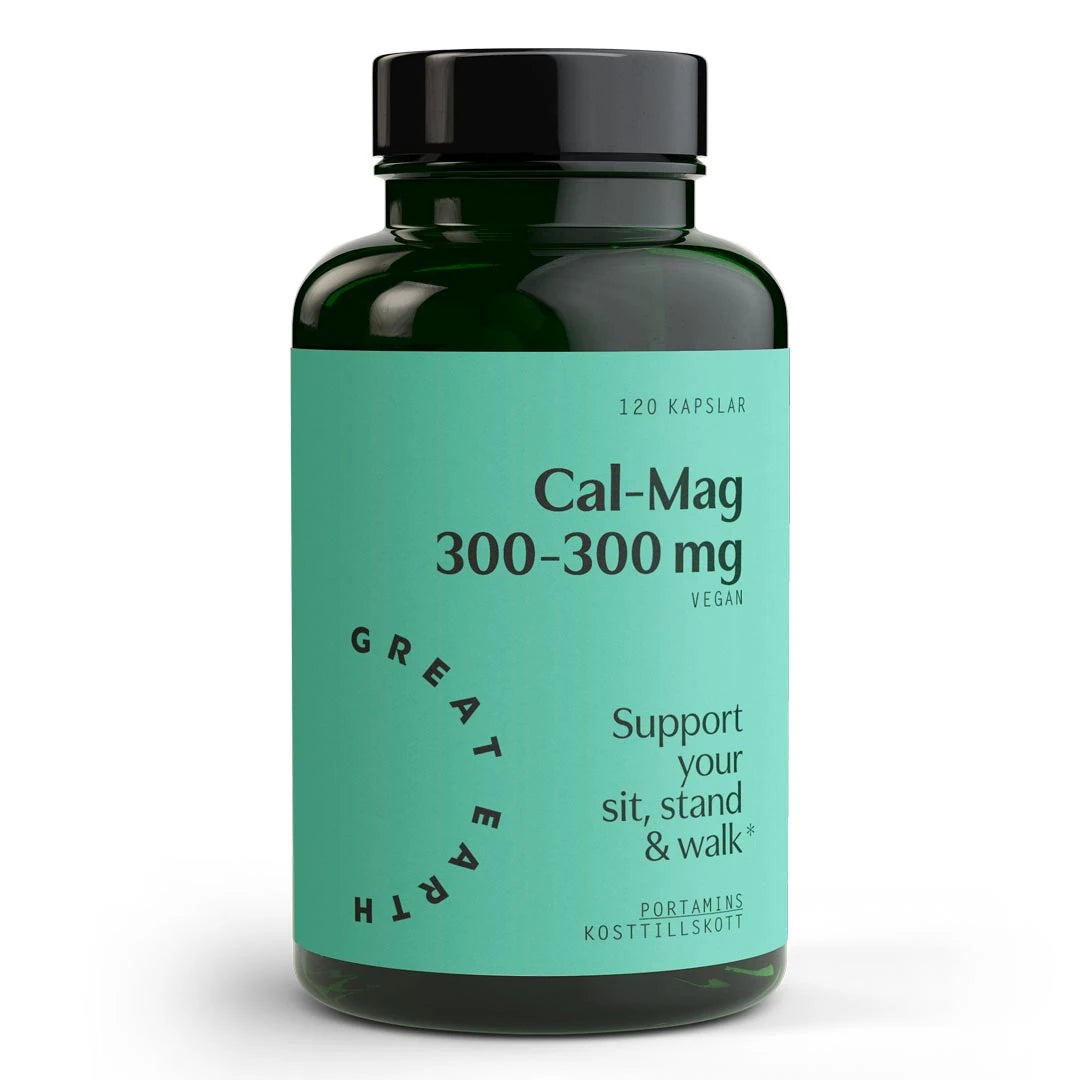 Great Earth Cal-Mag 300-300 mg 120 caps kosttilskudd i en mørkegrønn boks med svart lokk og turkis etikett.