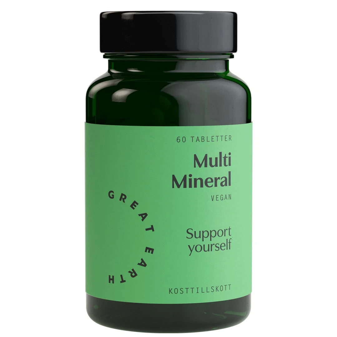 Mørkegrønn boks med Great Earth Multi Mineral 60 tabs vegansk kosttilskudd, lysegrønn etikett og svart lokk.